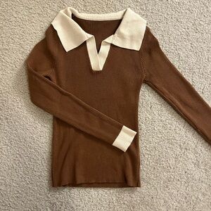 Brown and Cream Collared Women's Long Sleeve